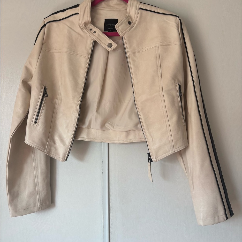 Love Tree Cream Cropped Faux-Leather Jacket with Black Stripe